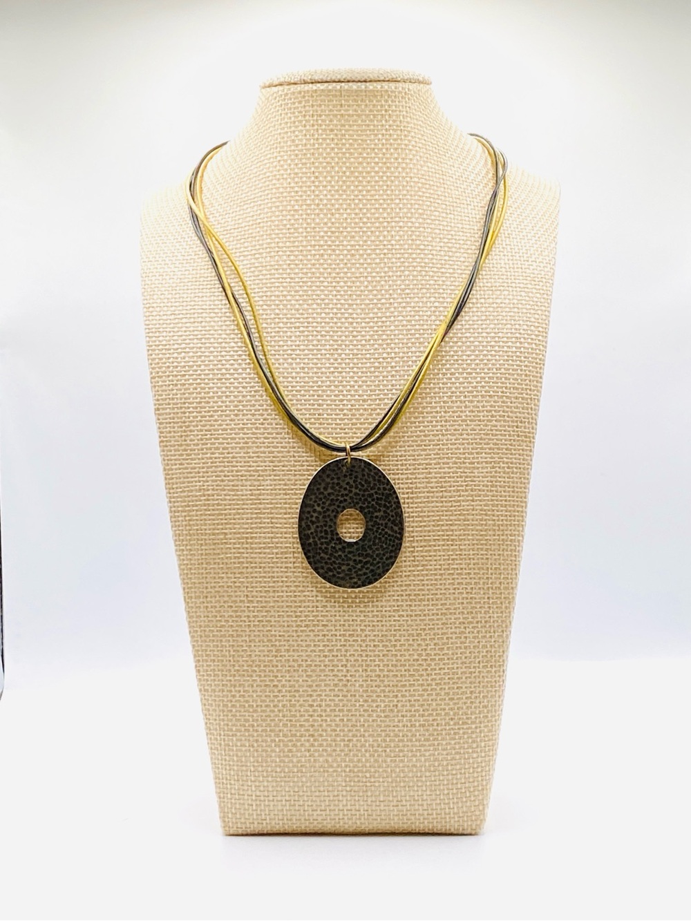 Hammered Metal Donut Pendant Necklace Multi Strand Cord Boho
